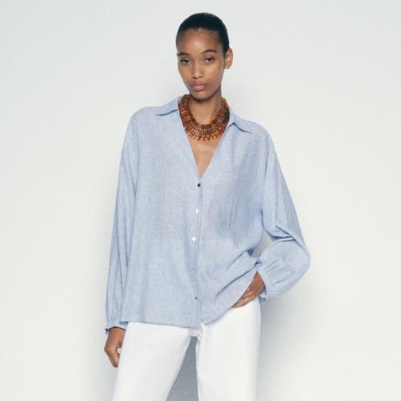 Zara top Striped  Linen Blend Shirt Blue White Oversize Womens m New 8113/788 - Picture 1 of 10